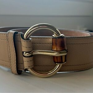 Gucci Beige Leather Belt with Gold Tone Bamboo Buckle